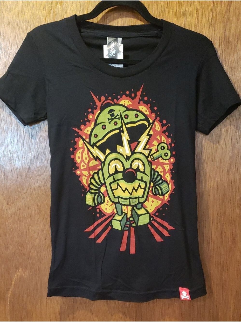 NWT Johnny Cupcakes Black Tee with Green Robot and Red-Yellow Accents -M